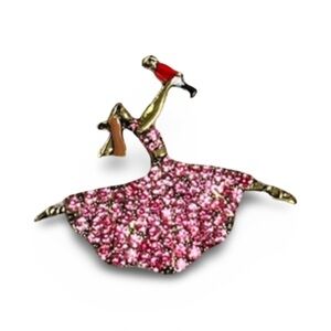Ballerina Brooch NIP, pink rhinestone girl ballet shoes on gold tone base, 2.5”